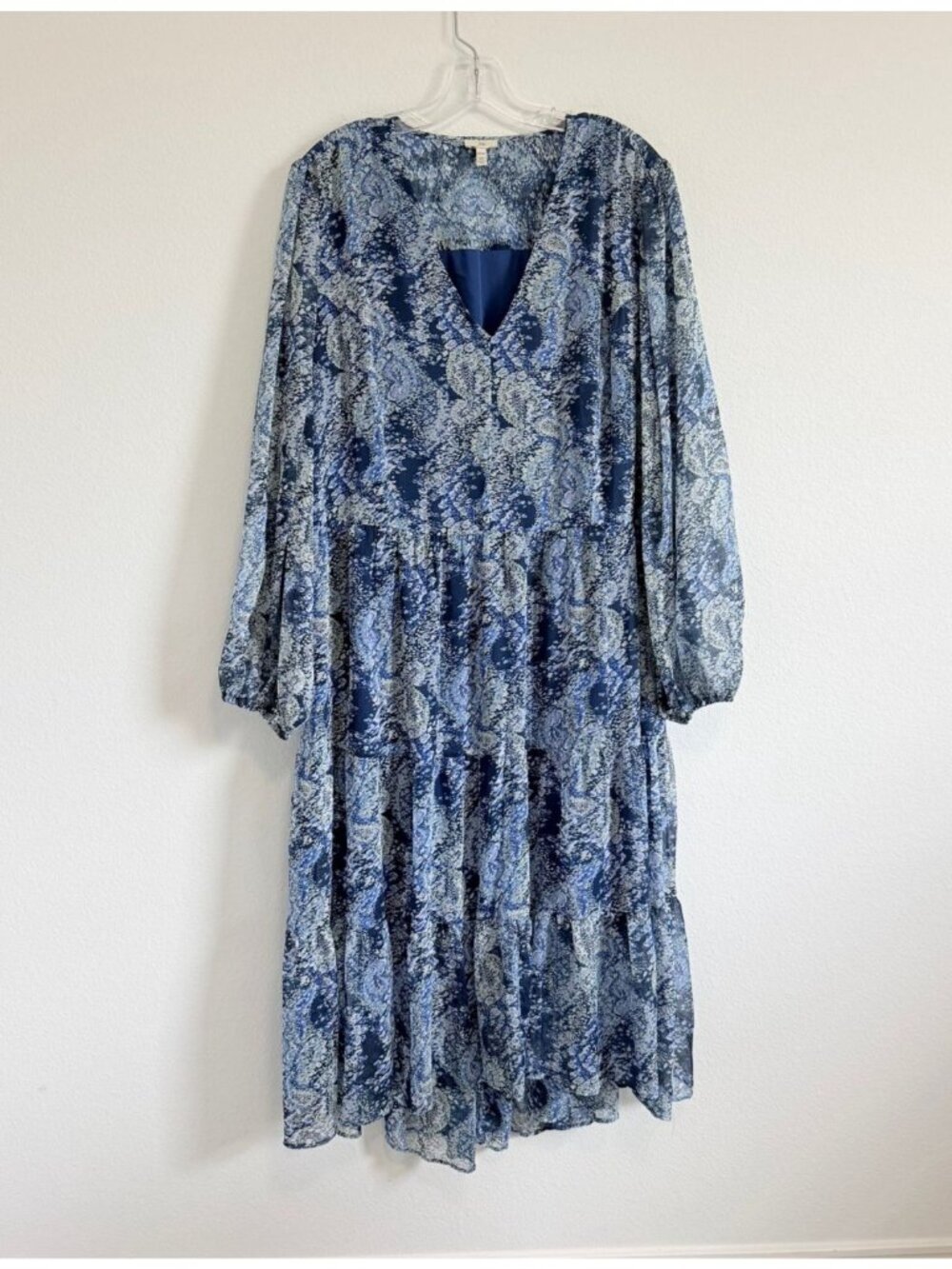 JOIE Long Sleeve V-Neck Blue Tone Abstract FLoral Tiered Midi Dress Size XXL